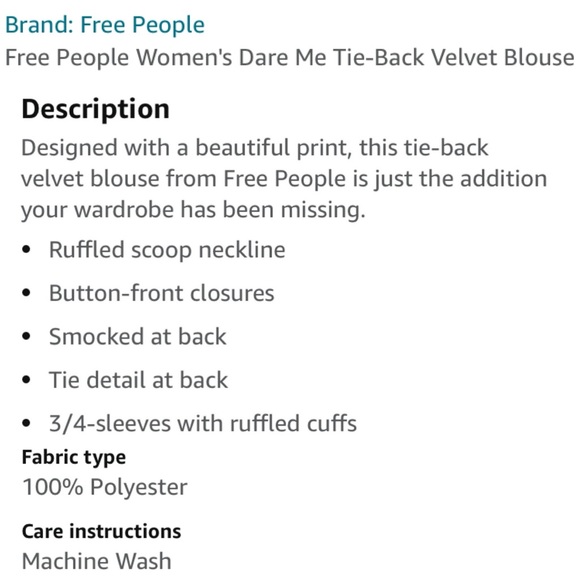 FREE PEOPLE Dare Me Tie Back Velvet Blouse Long Sleeve in Black Combo Size M - Picture 16 of 16